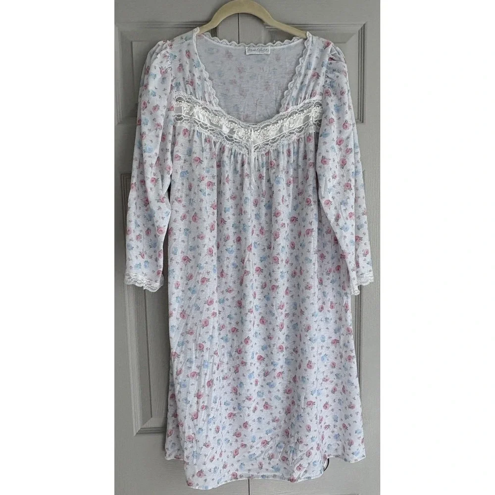 Vintage Miss‎ Elaine Nightgown Floral Lace Cotton Balloon Sleeve Large Flawed